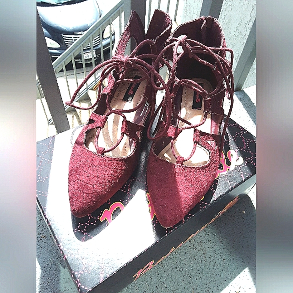 Bretsyville women's strappy shoes, burgandy color by Betsy Johnson..